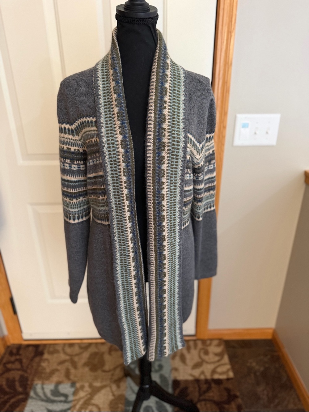 New Christopher & Banks gray open front fair isle boho cardigan sweater. Medium